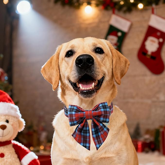 DOGWONG Christmas Dog Collar with Bow Tie, Red Green Plaid Dog Collar Durable Metal Buckle Adjustable Soft & Cute Red Grid Dogs Collars for Small Medium Large Dogs, M