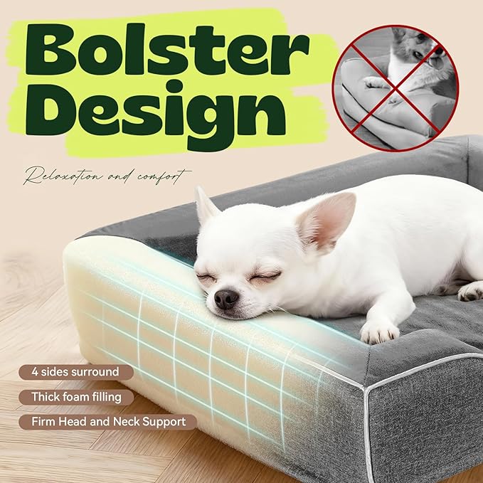 24 Inch Orthopedic Dog Couch Bed for Small Dogs/Cats,Cooling Gel Memory Foam + Egg Crate Foam,Waterproof Removable Washable Cover,4-Sided Bolster,Non-Slip Bottom,Dark Grey