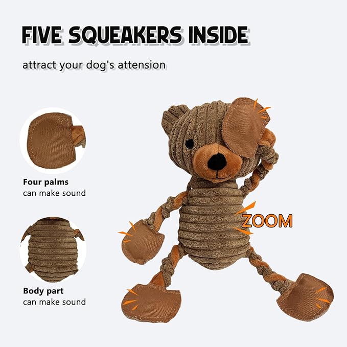 LWBMG Squeaky Dog Toys, Tug of War Dog Toys to Keep Them Busy, Stuffed Animal Dog Plush Toy for Puppy Small, Middle, Large Dogs, Cute Bear Interactive Doggie Toy Khaki