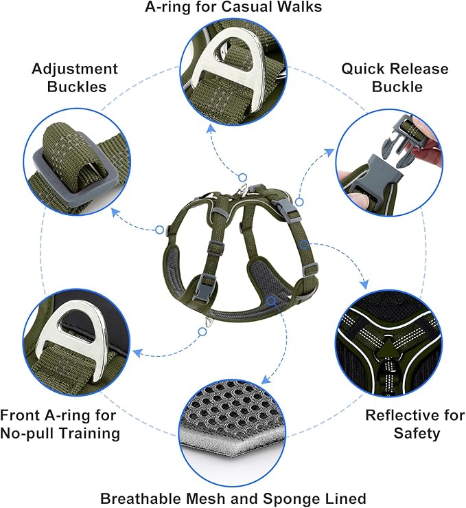 Plutus Pet No Pull Dog Harness, Release at Neck, Soft Padded, Reflective Adjustable Dog Vest Harness for Small, Medium, Large Dogs(Ranger Green, XL)