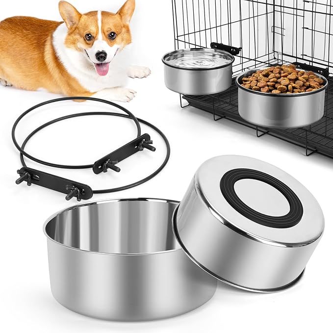 Dog Kennel Water Bowl Hanging, ShineMe 2 Pack 34oz & 25oz Nonslip Stainless Steel Dog & Cat Food and Water Feeder Bowls Mounts to Wire Crates Cages Kennels