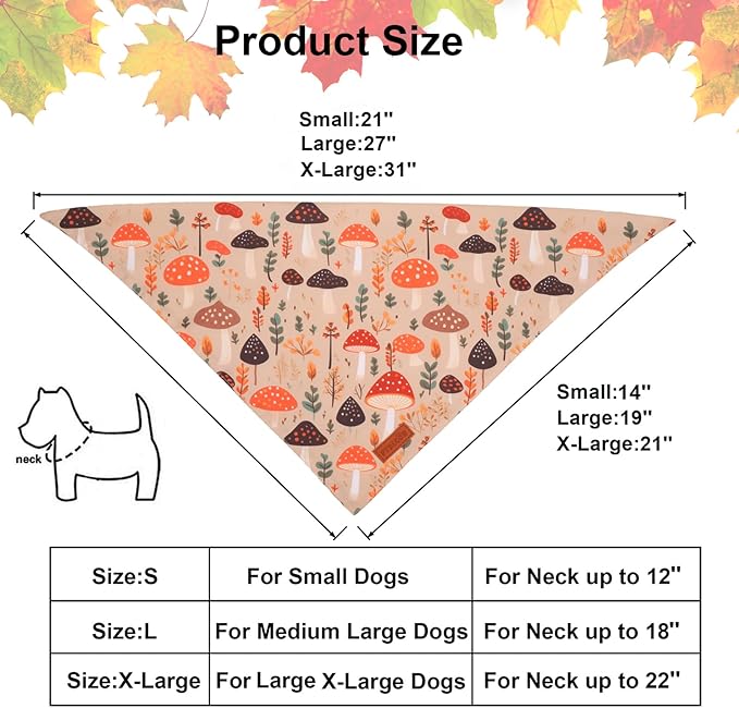 PTDECOR Fall Dog Bandana, Pumpkin Mushroom Design Scarf Reversible Holiday Dog Scarf, Triangle Thanksgiving Bandanas for Medium Large Pets (Large)