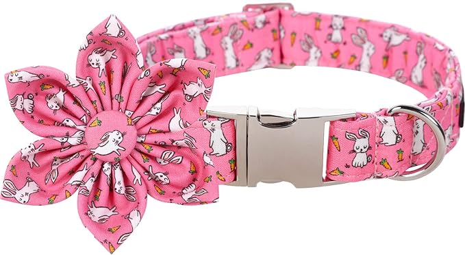 Lionet Paws Easter Bunny Dog Collar with Flower, Flower Collar with Metal Buckle for Dogs, Adjustable Comfortable Dog Collar Girl, XL, Neck 16-26 in