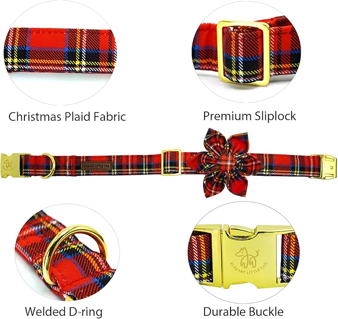 Elegant little tail Christmas Dog Collar, Winter Christmas Plaid Pet Collars Flower Red Metal Buckle Collar Puppy Girl Boy Holiday Cotton Soft Flower Adjustable Dog Collar for X-Large Dogs
