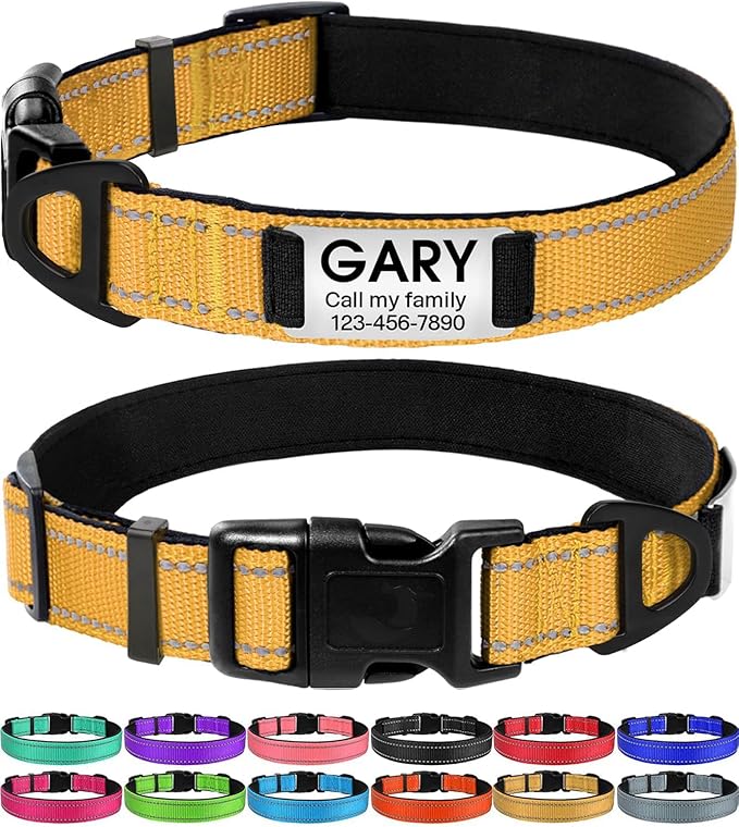 Joytale Personalized Dog Collars with Engraved Name Plate, Silent No Jingle Custom Nylon Collar with Fixed ID Tag, Reflective Soft Neoprene Padded Breathable for for Large Dogs, Tan