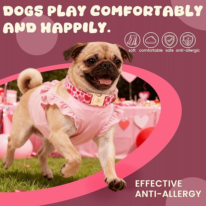 Elegant little tail Valentine's Dog Collar - Pink Red Heart Dog Collars Flower Pet Collars with Sturdy Metal Buckle Cute Flower Puppy Adjustable Collar for Medium Dogs