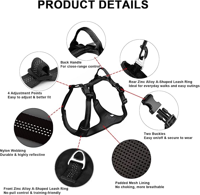 No Pull Dog Harness for Small Dogs, Adjustable, Reflective Breathable Padded Vest with 2 Metal Leash Clips and Handle for Control or Car Seatbelt Use, Black, S