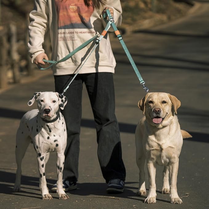 HOWGO Double Dog Leash, No Tangle 360° Swivel, Adjustable Two Padded Handles, Double Clip Dog Leash Coupler Splitter for 30~150 lbs Large and Medium Breeds (Orange, 4/5'' x 4.8 FT, Ultralight)