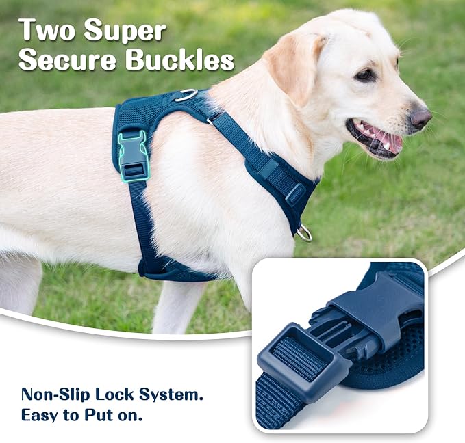 No Pull Dog Harness for Small Medium Large Dogs - Adjustable 2 Layer Mesh Dog Vest with Dual Clip, Escape Proof, Quick Release, Lightweight Breathable Mesh for Walking Hiking (Prussian Blue,XL)