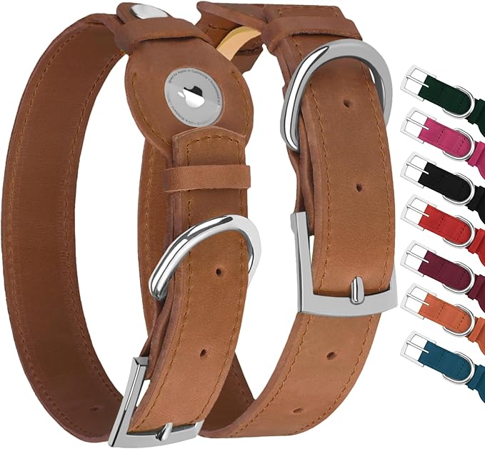 Leather Dog Collar with Airtag Holder - Apple Air Tag Dog Collars - Soft Tracking GPS Pet Collar for Small Medium Large Dogs Breed Puppy (Brown, M, 12"-15" Neck Fit)