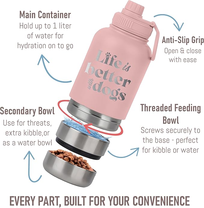 TEEAMORE Life is Better With Dogs Water Tumbler with Bowls Personalized Stainless Steel Travel Bottle Pink