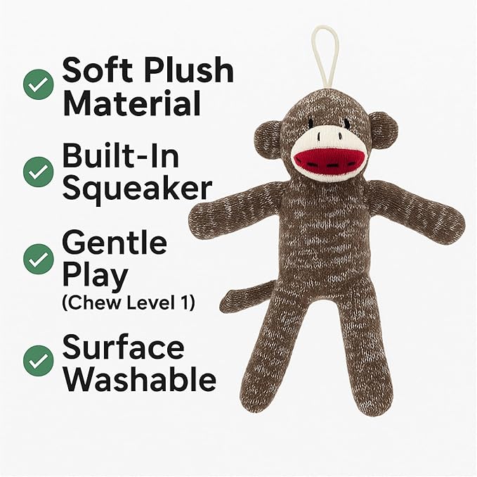 Cozy Buddy Sock Monkey Dog Toy – Soft Plush Dog Toy with Squeaker, Polyester Fiber, Cuddly Sock Monkey for Light Chewing. (Pack of 2)