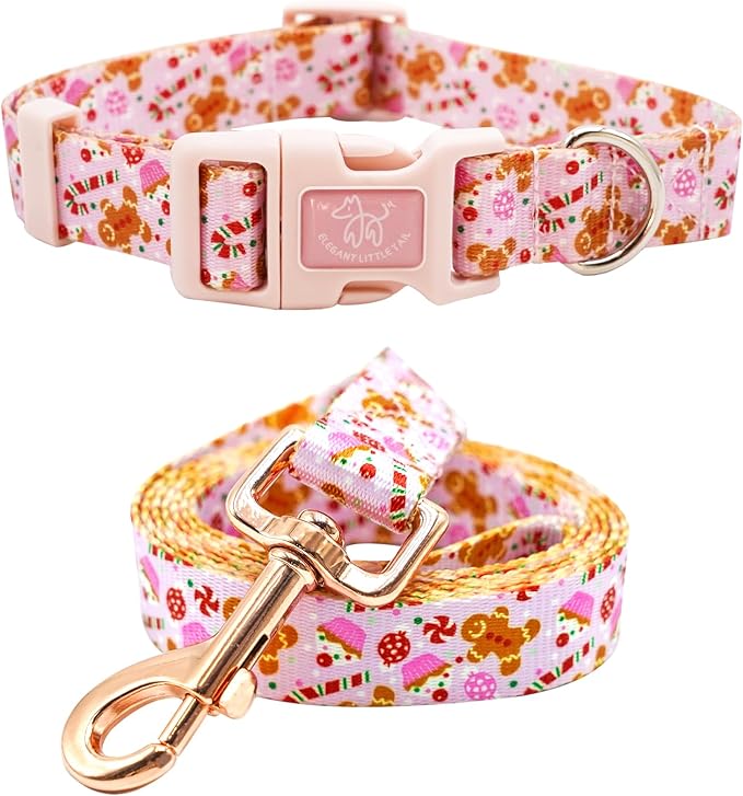 Elegant little tail Dog Collar with Leash, Pink Gingerbread Man Pet Collar Leash Adjustable Collar for Small Medium Large Dogs Soft Puppy Collars with Quick Release Buckle Girl Boy Dog Collars