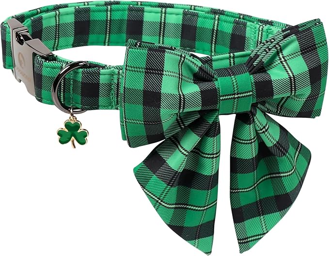 DOGWONG St. Patrick's Day Dog Collar with Sailor Bowtie, Green Plaid Bowtie Dog Collar for Small Medium Large Dogs,S