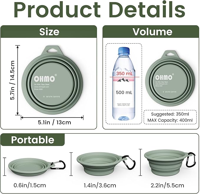 OHMO Collapsible Dog Water Bowls w/Built-in Stainless Steel Ring – 2pcs Small 12oz/400ml Portable Silicone Pet Feeding Bowl for Hiking, Camping, Travel