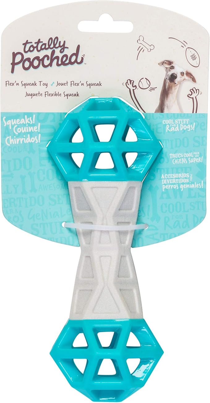 Messy Mutts Totally Pooched Flex n' Squeak Dumbbell | 7” Foam Rubber Dog Toy with Squeaker | Made for Tough Chewers | Interactive Treat Puzzle for Dogs | Grey/Teal