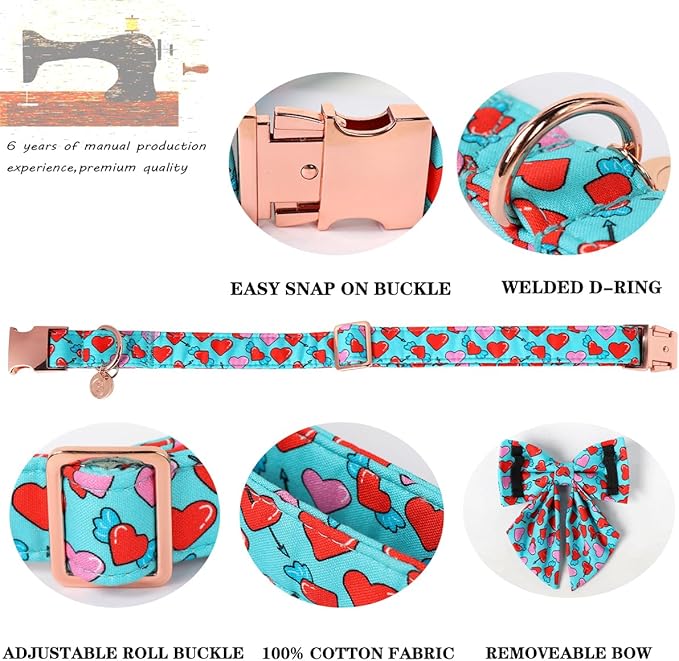 DOGWONG Valentine Dog Collar with Bow, Blue Heart Dog Collar Durable Soft Cotton Pet Dog Collar Cute Heart Valentines Day Puppy Necklace for Small Medium Large Dog