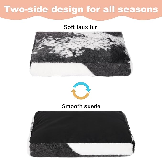 Bedfolks Waterproof Crate Bed, Plush Dog & Cat Bed with Removable Washable Cover, Faux Fur Kennel Pad, 21"x13", Black-White Cowhide