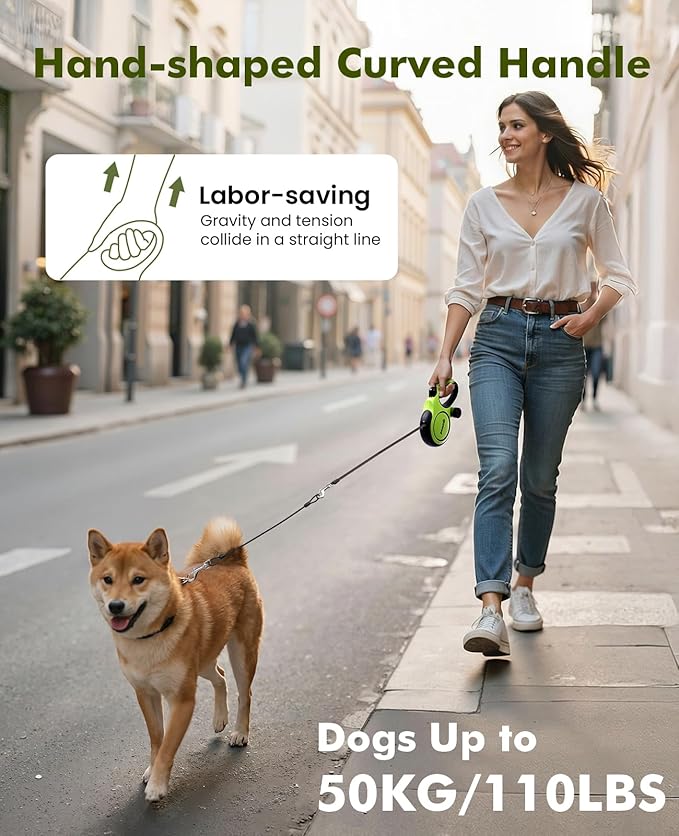 16ft Retractable Dog Leash with 18'' Chew Proof Steel Cable for Power Chewers & Pullers, Heavy Duty Locking for Medium/Large Dogs 33lbs-110lbs, Anti-Tangle & Poop Bag Holder Included(Green)