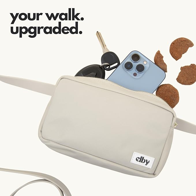 elby - Hands Free Dog Leash with Treat Pouch - Dog Walking Accessories - Dog Training Leash with Fanny Pack - Dog Accessories and Walking Essentials - Medium and Large Dogs (Beige, Long)