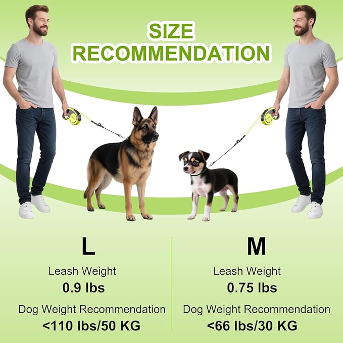 Upgraded Retractable Dog Leash 16.4ft' - Heavy Duty Reflective Retractable Leash with Anti-Slip Soft Grip - Detachable Poop Bag and Chew Proof Cable Included Small Medium Large Dogs up to 110 lbs