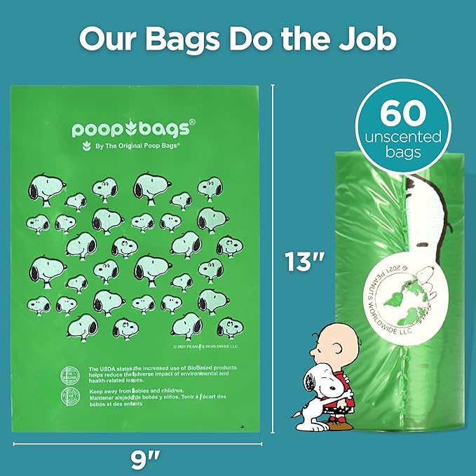 The Original Poop Bags® 38% USDA Biobased Pet Waste Bags, Peanuts Design, Leak-Resistant & Durable Leash Rolls, Black/Green, 60 Count