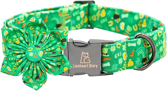 Lionheart glory St. Patrick's Day Dog Collar with Flower Dog Collars for X-Large Dogs,Heavy Duty Green Collars Bows Lucky Clover Shamrock Pet Collar Flower Puppy
