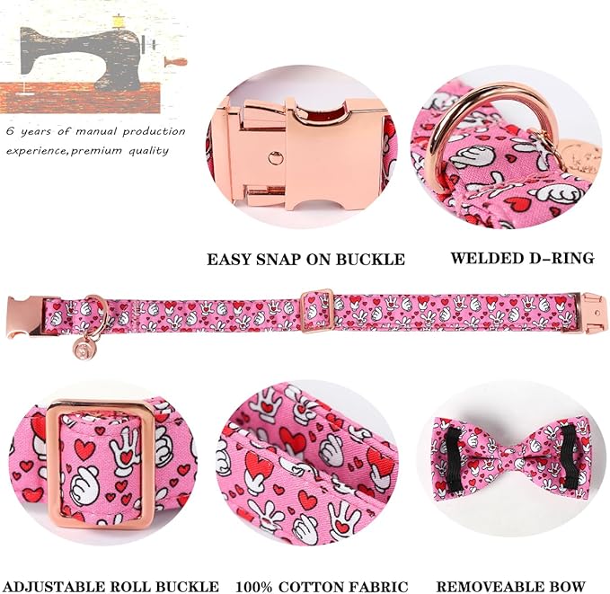 DOGWONG Valentine Dog Collar with Bow, Pink Heart, Cotton, XS, Unisex, Everyday Wear, Special Occasions
