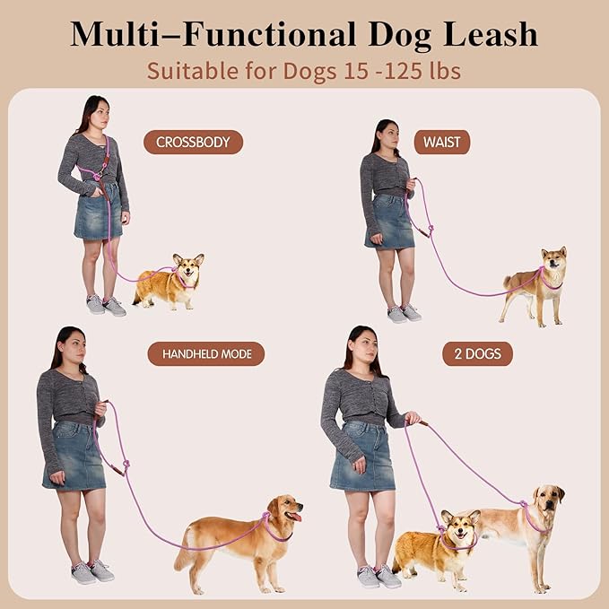 Tails & Tales Hands Free Dog Leash for Walking Running Training, Adjustable Lead Up to 9.8ft, Dogs Up to 125lbs, Crossbody, Dual Handle, Multifunctional, Double Attachment for 2 Dogs (Opera Mauve)