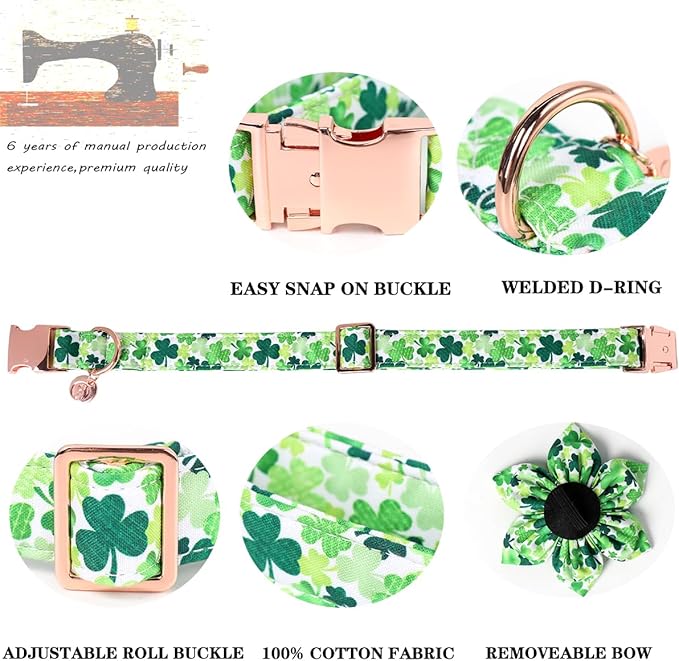 DOGWONG St. Patrick's Day Dog Collar-Cute Clovers Dog Collar with Flower, Cotton Trefoil Bowtie Dog Collars with Metal Buckle for Small Medium Large Dogs