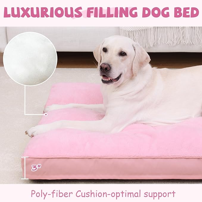 Dog Crate Bed Waterproof Deluxe Plush Dog Beds with Removable Washable Cover Anti-Slip Bottom Pet Sleeping Mattress for Large, Medium, Jumbo, Small Dogs, 29 x 18 inch, Pink