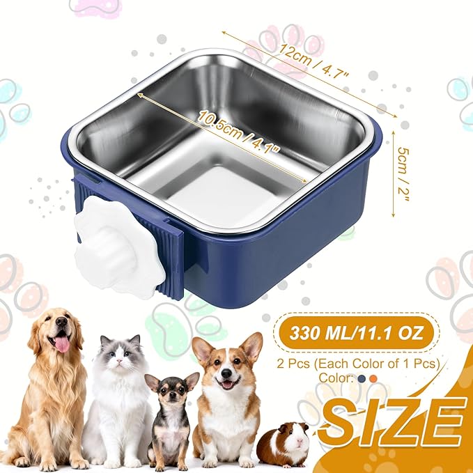 Crate Dog Bowl, Removable Stainless Steel Pet Cage Hanging Anti-Overturn Food Water Feeder Cage Cup (2Pcs, Square, Dark Blue/Orange, 11.1oz), Intended for Puppies/Cat/Rabbit/Bird