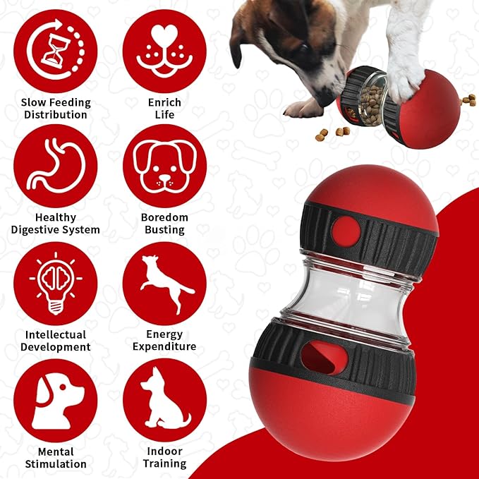 Interactive Dog Treat Dispenser and Puzzle Toys, Dog Slow Food Feeder Rolling Ball for Reducing Boredom and IQ Training Toys, Red