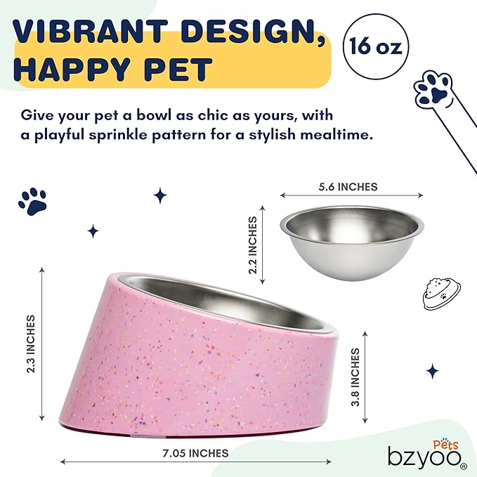 bzyoo 16oz Tilted Dog Bowl for Small Dogs & Cats, 15° Elevated Stainless Steel Pet Feeder, Ergonomic Anti-Vomiting Food Bowl for Frenchie, Pug, Persian Cat, Non-Skid Melamine Stand, Sprinkle (Pink)