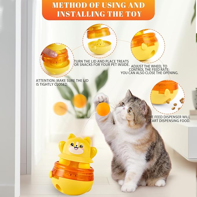 Interactive Cat Wobble Toy with Teaser Wand, Treat Dispensing Puzzle Feeder (No Treats Included), Enrichment Toy for Indoor Cats, Anxiety Relief & Solo Play