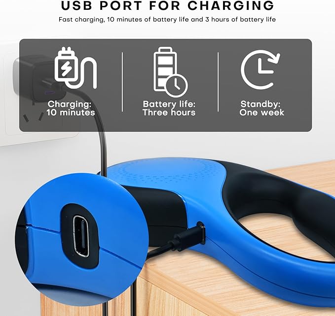 Retractable Dog Leash with LED Light Rechargeable,16Ft Heavy Duty Dog Leash for Medium Large Dogs up to 110lbs,360°No Tangle,One-Handed Brake,Pause,Lock(Blue)