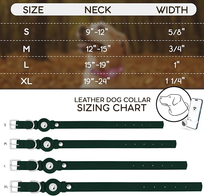 Leather Dog Collar with Airtag Holder - Apple Air Tag Dog Collars - Soft Tracking GPS Pet Collar for Small Medium Large Dogs Breed Puppy (Green, S, 9"-12" Neck Fit)