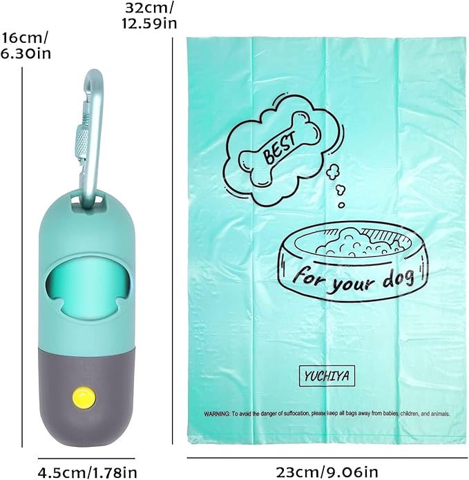 Dog Poop Bags Holder with LED Flashlight|Pet Waste Bags Dispenser for Leash|Doggie Potty Bags Container with Leak-proof Pet Trash Bags and Accessories (2 Holders 30 Bags, Crystal Blue)
