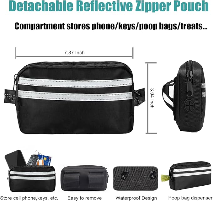 Hands Free Dog Leash Waist & Crossbody for Walking, No Pull Heavy Duty Bungee Double Dog Leash for Two Dogs with Pouch, Padded Handles & Reflective for Large Medium Dogs, Black