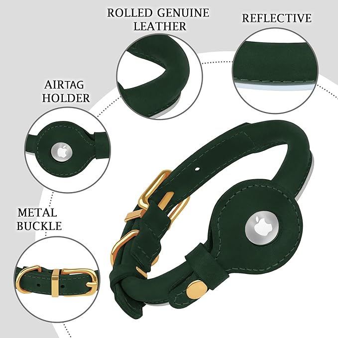 OOPSDOGGY Rolled Leather Dog Collar with Airtag Holder - Reflective Round Airtag Dog Collar - Soft Tracking Pet Collar for Small Dogs Puppy Cats Kitten (Green, XXS, 7"-9")