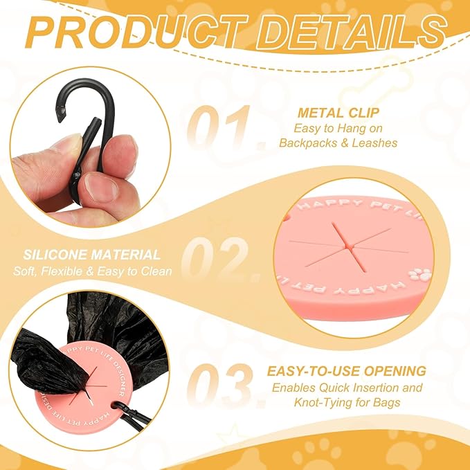 Dog Poop Bag Clip, Dog Poop Bag Holder Round for Dispenser Carrier Hands-Free Lightweight Durable PVC, (Pink, 5 Pcs), Intended for Leash/Pet Waste Bag