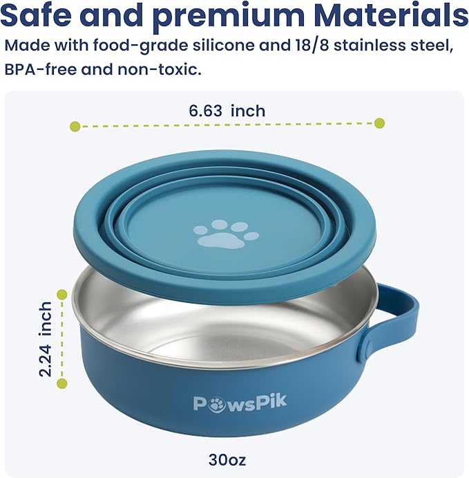 PawsPik 2-in-1 Travel Dog & Cat Bowl – Collapsible BPA-Free Silicone & 18/8 Stainless Steel, Portable & Non-Slip with Handle, Easy to Clean, Food & Water Bowl for On-the-Go Pets (Midnight Summit Blue)