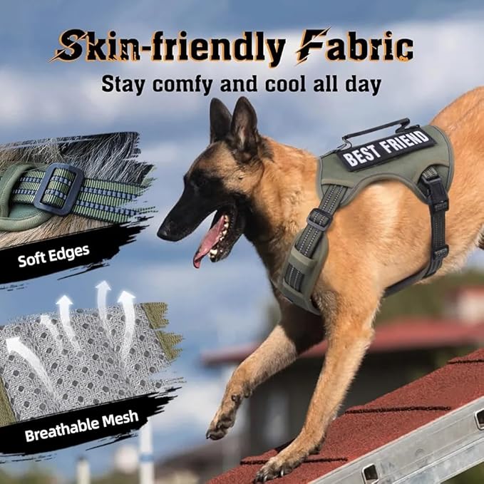 Tactical Dog Harness with Leash for Large Dogs, No Pull Adjustable Dog Harness, Reflective K9 Working Pet Vest for Walking, Training (Army Green, S)