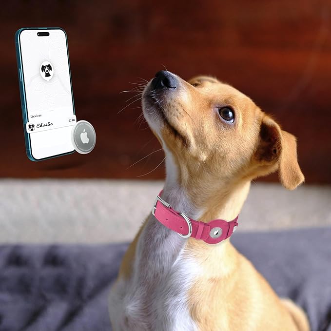Leather Dog Collar with Airtag Holder - Apple Air Tag Dog Collars - Soft Tracking GPS Pet Collar for Small Medium Large Dogs Breed Puppy (Pink, S, 9"-12" Neck Fit)