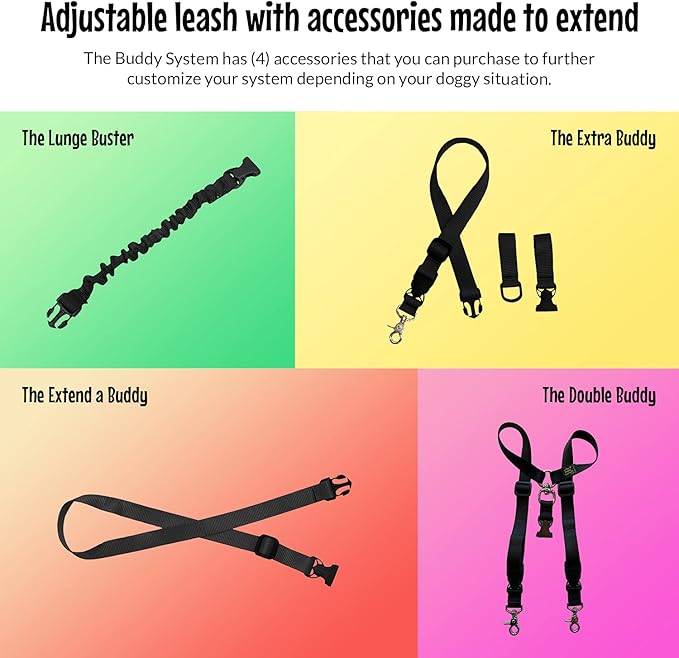The Buddy System Adjustable Hands Free Dog Leash, Hand-Free Leash for Running, Jogging, Walking, Hiking and Training Service Dogs, Versatile All Dog Sizes - Made in USA - X-Large, Black