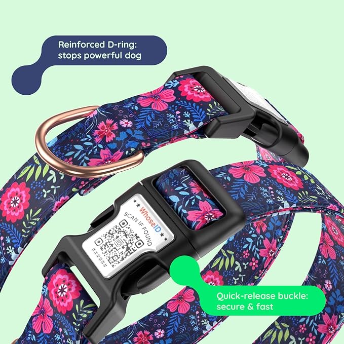 WhoseID Airtag Dog Collar,with Waterproof airtag Holder，Original Stylish Cute Pattern Design.QR Code ID Buckle，Comfortable Soft Cotton for Small Medium Large Dogs