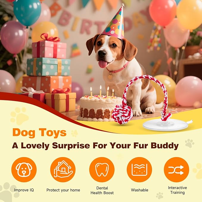 Puppy Dog Toys:Interactive Sticky Suction Cup Tug & Pull-Apart Toy,Durable Rope and red and White chew Ball，The Indestructible Enrichment Puzzle, Built for Aggressive and Busy chewers
