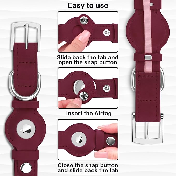 Leather Dog Collar with Airtag Holder - Apple Air Tag Dog Collars - Soft Tracking GPS Pet Collar for Small Medium Large Dogs Breed Puppy (Burgundy, M, 12"-15" Neck Fit)