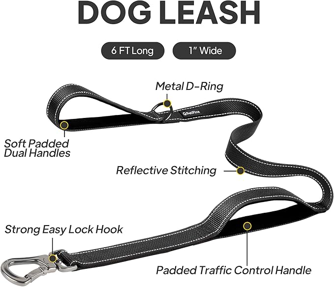 PetiFine 6FT Heavy Duty Dog Leash with Soft Padded Double Handle, Durable Strong Clasp Dog Leashes, Reflective Nylon Walking Lead for Large,Medium,Small Breed Dogs, Black