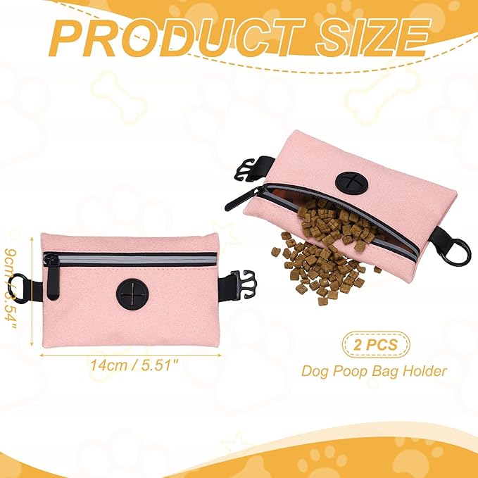Dog Poop Bag Holder, Pet Waste Bag Dispenser Dog Treat Pouch with Zipper Oxford Cloth Portable Reusable Easy Cleanup(2Pcs, Pink), Intended for Outdoor/Travel/Walking